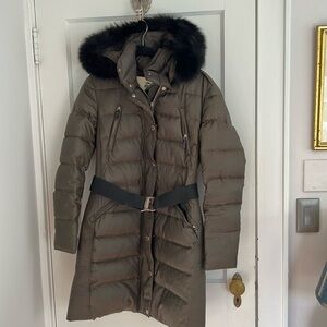 Burberry green down coat with blue fox fur collar on hood